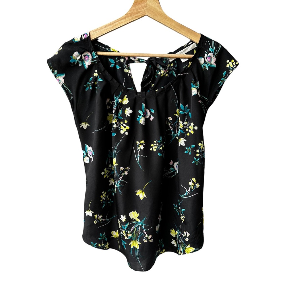 Lauren Conrad Blouse Top Black Floral Cap Sleeve Pleated Tie Back Blouse Small
